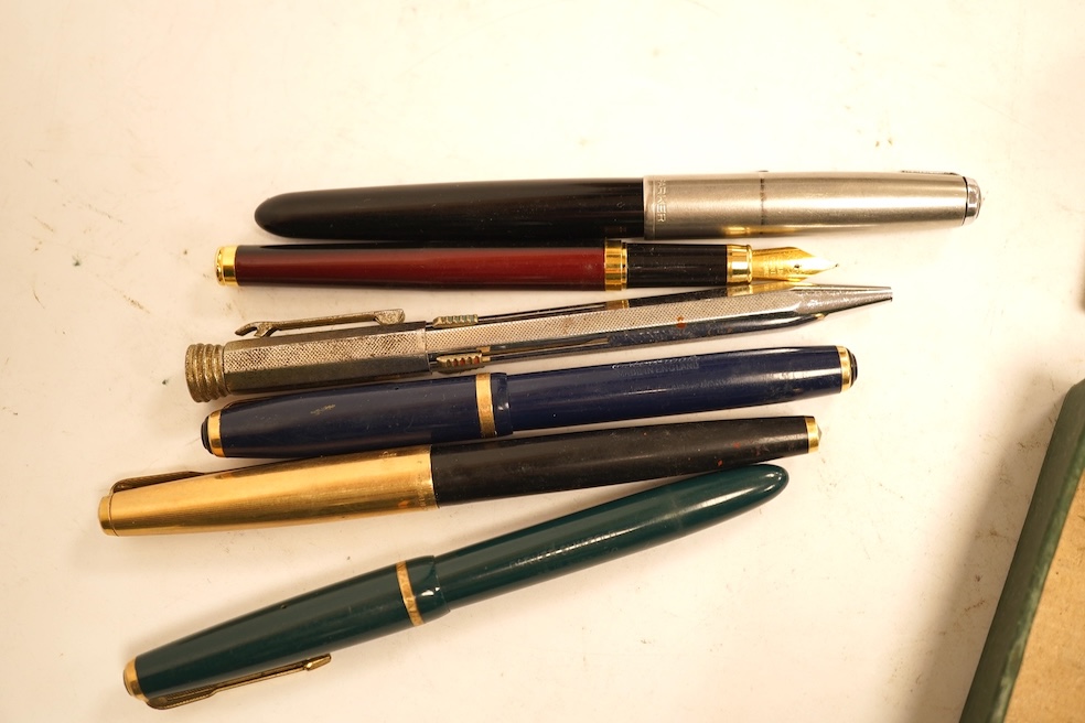 A collection of mostly fountain pens to include Parker and Sheaffer